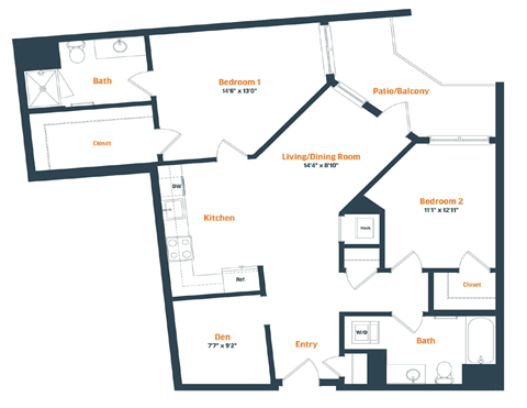 Floor plan for 2 beds, 2 baths, 1075 sqft